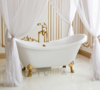 bathtub with shower curtains