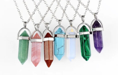 Various pendants made of crystals.